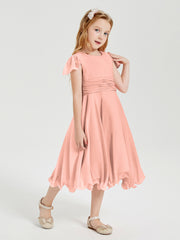 Tea Length Chiffon Junior Bridesmaid Dresses Coral
