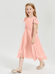Tea Length Chiffon Junior Bridesmaid Dresses Coral