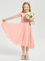 Tea Length Chiffon Junior Bridesmaid Dresses Coral