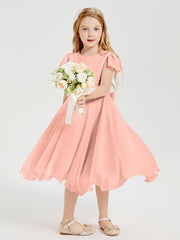 Tea Length Chiffon Junior Bridesmaid Dresses Coral
