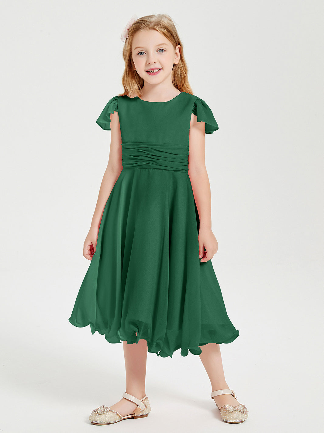 BABARONI Tea Length Chiffon Junior Bridesmaid Dresses Dark Green, Dark Green / J4 BABARONI Tea Length Chiffon Junior Bridesmaid Dresses Dark Green, Dark Green / J4