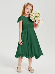 BABARONI Chiffon Dark Green Junior Bridesmaid Dresses A-line Scoop Flutter Sleeve Bow Pleated Tea-Length BABARONI Chiffon Dark Green Junior Bridesmaid Dresses A-line Scoop Flutter Sleeve Bow Pleated Tea-Length
