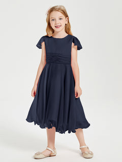 Tea Length Chiffon Junior Bridesmaid Dresses Dark Navy