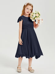 Tea Length Chiffon Junior Bridesmaid Dresses Dark Navy