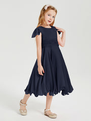 Tea Length Chiffon Junior Bridesmaid Dresses Dark Navy