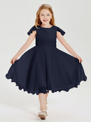 Tea Length Chiffon Junior Bridesmaid Dresses Dark Navy