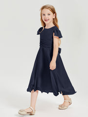 Tea Length Chiffon Junior Bridesmaid Dresses Dark Navy
