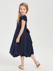 Tea Length Chiffon Junior Bridesmaid Dresses Dark Navy