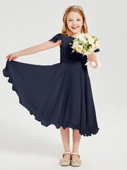 Tea Length Chiffon Junior Bridesmaid Dresses Dark Navy