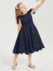 Tea Length Chiffon Junior Bridesmaid Dresses Dark Navy