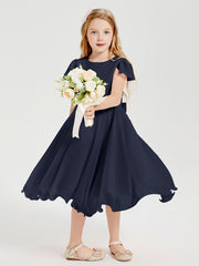 Tea Length Chiffon Junior Bridesmaid Dresses Dark Navy