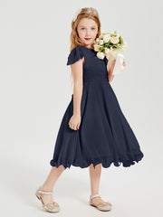 Tea Length Chiffon Junior Bridesmaid Dresses Dark Navy