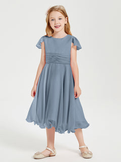 Tea Length Chiffon Junior Bridesmaid Dresses Dusty Blue