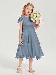Tea Length Chiffon Junior Bridesmaid Dresses Dusty Blue