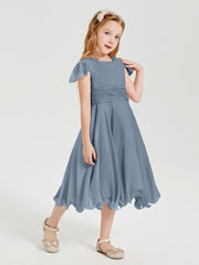 Tea Length Chiffon Junior Bridesmaid Dresses Dusty Blue