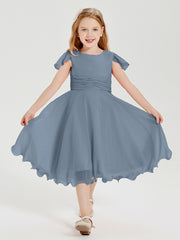 Tea Length Chiffon Junior Bridesmaid Dresses Dusty Blue