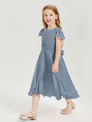 Tea Length Chiffon Junior Bridesmaid Dresses Dusty Blue