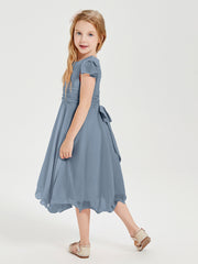Tea Length Chiffon Junior Bridesmaid Dresses Dusty Blue