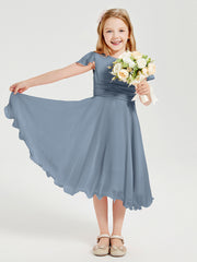Tea Length Chiffon Junior Bridesmaid Dresses Dusty Blue