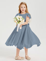 Tea Length Chiffon Junior Bridesmaid Dresses Dusty Blue