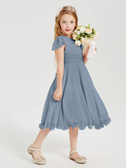 Tea Length Chiffon Junior Bridesmaid Dresses Dusty Blue