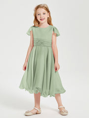 BABARONI Tea Length Chiffon Junior Bridesmaid Dresses Dusty Sage, Dusty Sage / J4 BABARONI Tea Length Chiffon Junior Bridesmaid Dresses Dusty Sage, Dusty Sage / J4