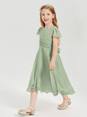 Tea Length Chiffon Junior Bridesmaid Dresses Dusty Sage