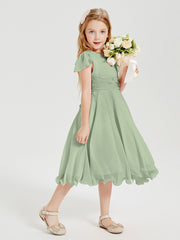 Tea Length Chiffon Junior Bridesmaid Dresses Dusty Sage