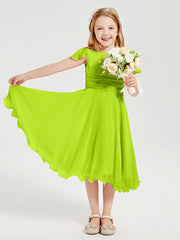 Tea Length Chiffon Junior Bridesmaid Dresses Lime Green