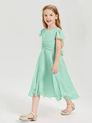 Tea Length Chiffon Junior Bridesmaid Dresses Mint Green