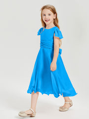 Tea Length Chiffon Junior Bridesmaid Dresses Ocean Blue