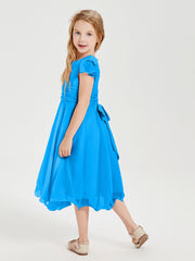 Tea Length Chiffon Junior Bridesmaid Dresses Ocean Blue