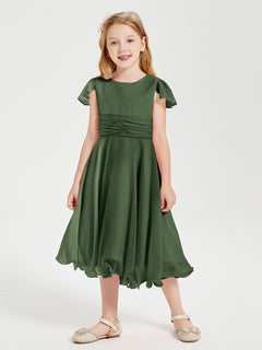 Tea Length Chiffon Junior Bridesmaid Dresses Olive Green