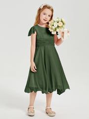 Tea Length Chiffon Junior Bridesmaid Dresses Olive Green