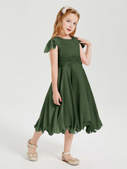 Tea Length Chiffon Junior Bridesmaid Dresses Olive Green