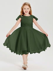 Tea Length Chiffon Junior Bridesmaid Dresses Olive Green