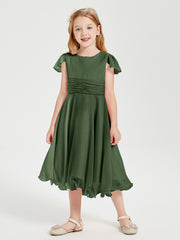 BABARONI Chiffon Olive Green Junior Bridesmaid Dresses A-line Scoop Flutter Sleeve Bow Pleated Tea-Length, Olive Green / J4