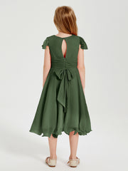 Tea Length Chiffon Junior Bridesmaid Dresses Olive Green