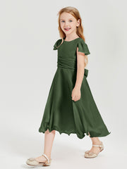 Tea Length Chiffon Junior Bridesmaid Dresses Olive Green