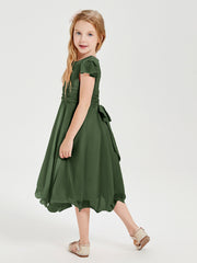 Tea Length Chiffon Junior Bridesmaid Dresses Olive Green