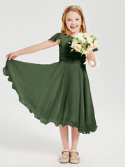 Tea Length Chiffon Junior Bridesmaid Dresses Olive Green