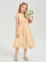 Tea Length Chiffon Junior Bridesmaid Dresses Peach