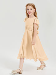 Tea Length Chiffon Junior Bridesmaid Dresses Peach