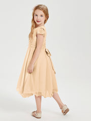 Tea Length Chiffon Junior Bridesmaid Dresses Peach
