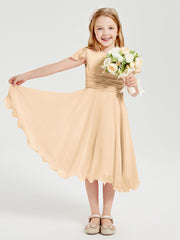 Tea Length Chiffon Junior Bridesmaid Dresses Peach
