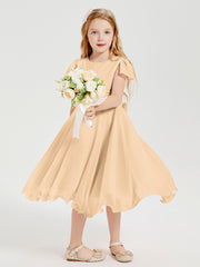 Tea Length Chiffon Junior Bridesmaid Dresses Peach