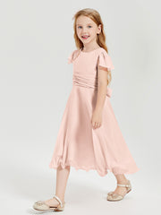 Tea Length Chiffon Junior Bridesmaid Dresses Pearl Pink