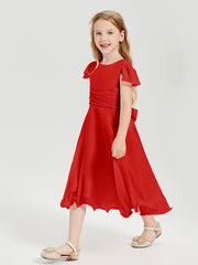 Tea Length Chiffon Junior Bridesmaid Dresses Red