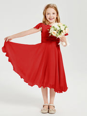 Tea Length Chiffon Junior Bridesmaid Dresses Red