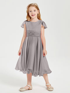 Tea Length Chiffon Junior Bridesmaid Dresses Silver